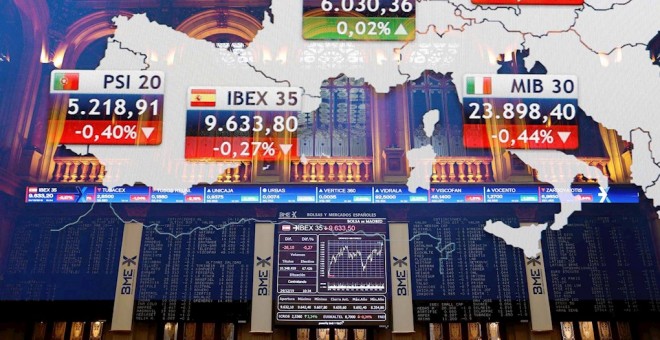 Los paneles informativos de la Bolsa de Madrid, con la evolución del Ibex 35, y el resto de indicadores europeos. EFE/ Paco Campos