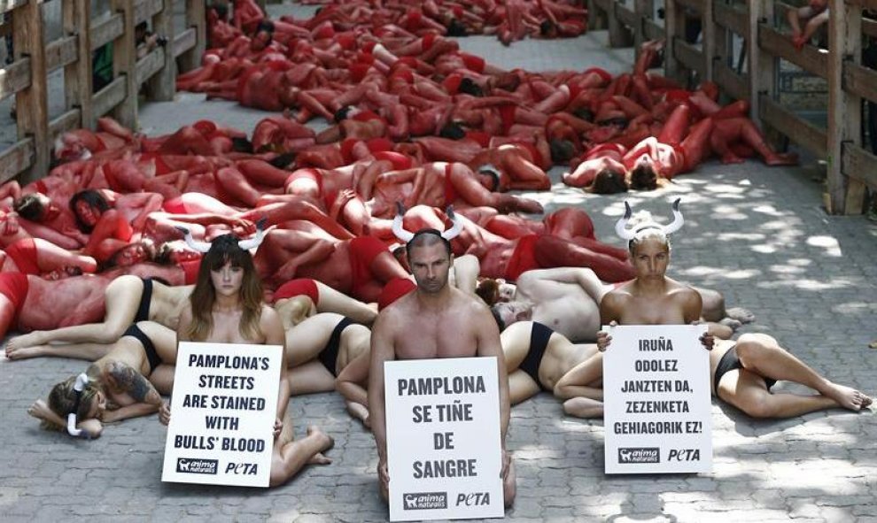 Un centenar de activistas y simpatizantes de los colectivos AnimaNaturalis y PETA han protestado hoy ante la plaza de toros de Pamplona contra los espectáculos taurinos que la próxima semana tendrán lugar en el coso con motivo de las fiestas de San Fermín