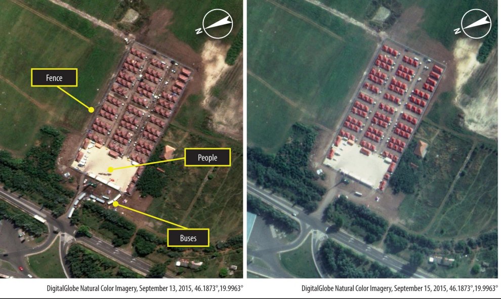 Campo en Hungría donde se han construido campamentos de refugiados (II). En las imágenes se muestra la llegada masiva de autobuses antes del día 15 de septiembre. AMNISTÍA INTERNACIONAL