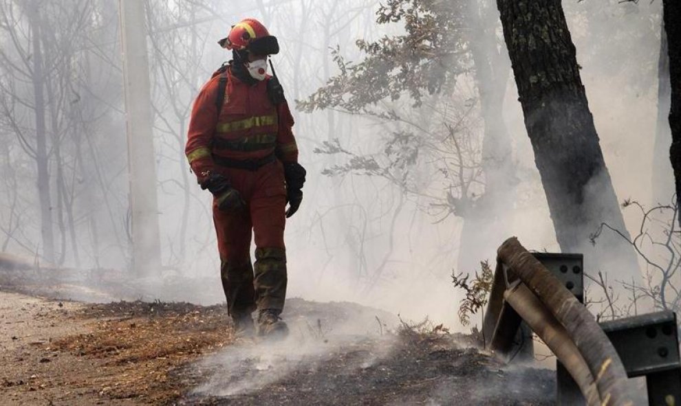 Un bombero observa una zona calcinada por el fuego en Pontevedra/EFE