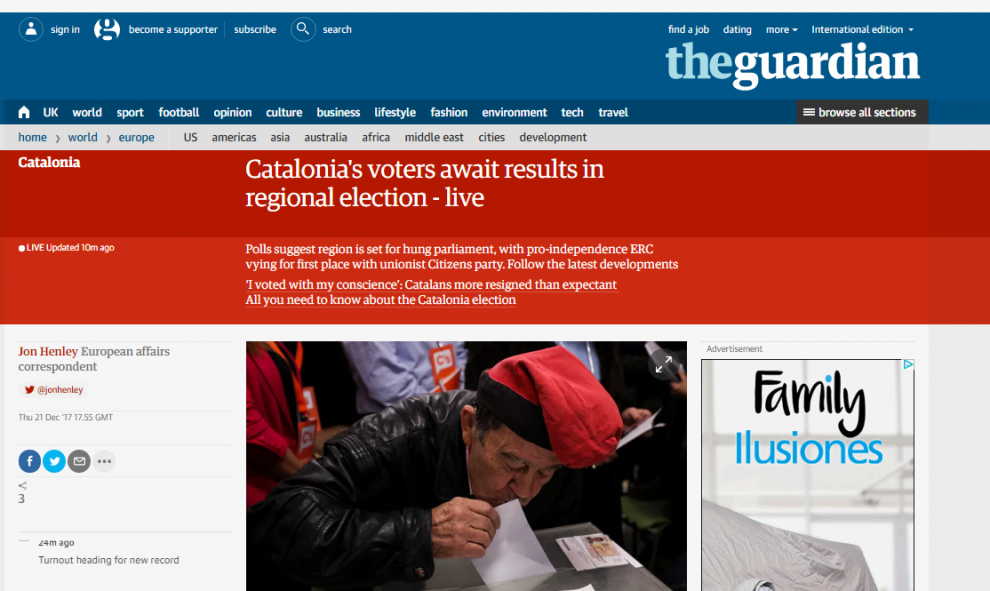 El diario inglés 'The Guardian' recoge la información sobre las elecciones en la parte derecha de su portada y destacada en rojo con el título: 'Los votantes catalanes esperan los resultados en las elecciones autonómicas'