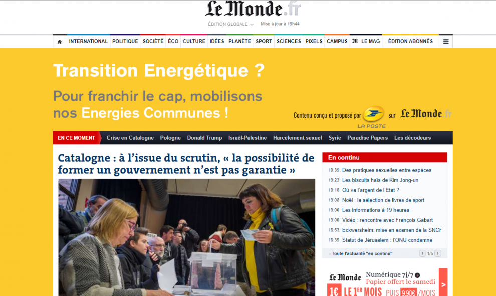 El diario francés 'Le Monde' destaca como noticia principal en su portada digital las elecciones catalanas con el titular: 'Catalunya: sobre el escrutinio "la posibilidad de formar un gobierno no está garantizada"