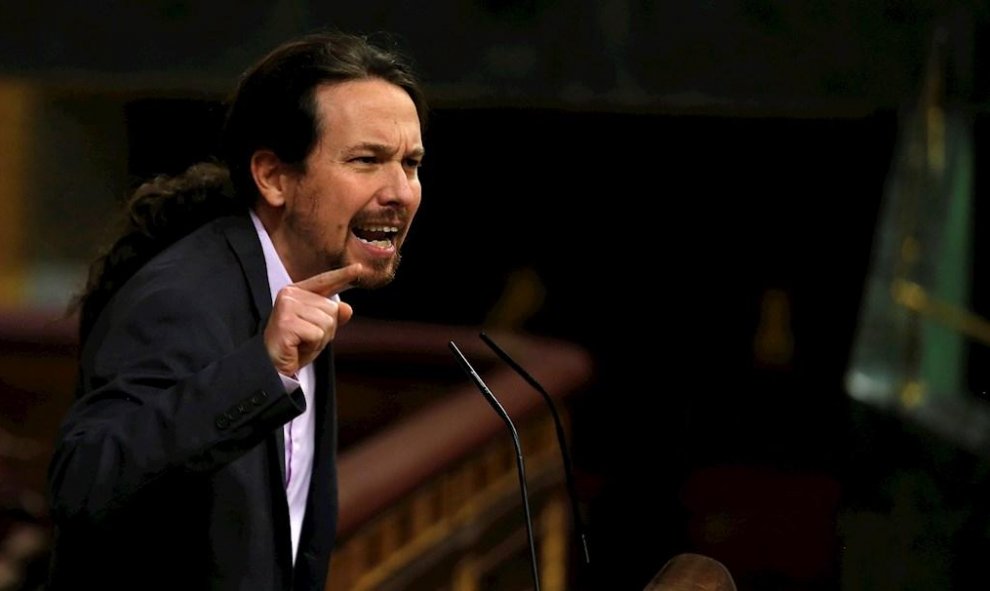 El líder de Unidas Podemos, Pablo Iglesias, durante su intervención ante el pleno del Congreso de los Diputados en la primera jornada de la sesión de investidura de Pedro Sánchez como presidente del Gobierno. EFE/Emilio Naranjo