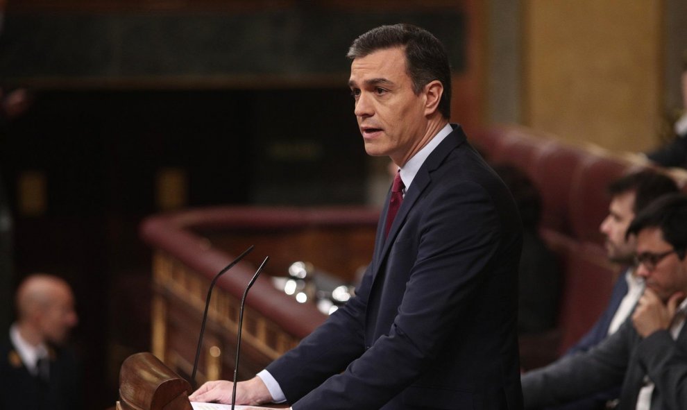 El presidente del Gobierno en funciones, Pedro Sánchez, durante su intervención inicial, en la segunda sesión de votación para su investidura como presidente del Gobierno. EUROPA PRESS/Eduardo Parra