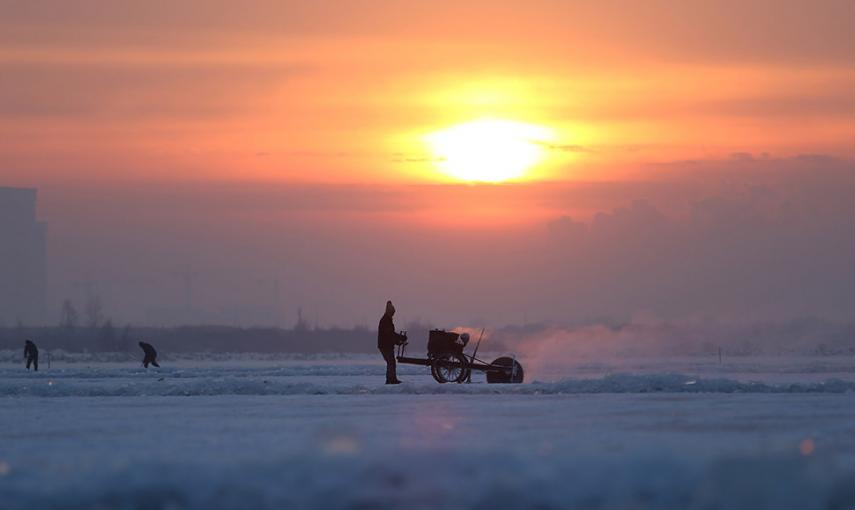 Varias personas cortan bloques de hielo para utilizarlos en el festival internacional de hielo y nieve de Harbin, en esta provincia china. // AFP