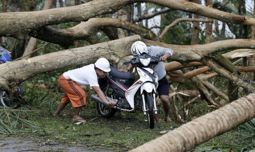 Un motorista maniobra a través de los árboles caidos por el tifón, cerca de la ciudad filipibna de Taft, en la isla de Samar. // EFE/EPA/FRANCIS R. MALASIG