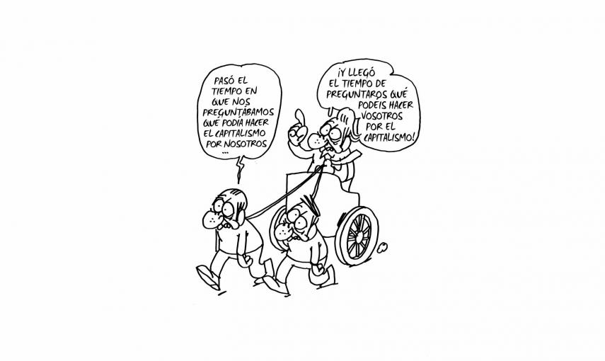 Ilustración de Charb (Stéphane Charbonnier) incluida en el libro 'El capitalismo en 10 lecciones', de Michel Husson (Librería Viento Sur/La Oveja Roja).