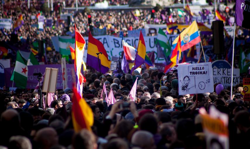 Más de 100.000 personas han participado este sábado en la Marcha del Cambia, convocada por Podemos en Madrid. -JAIRO VARGAS