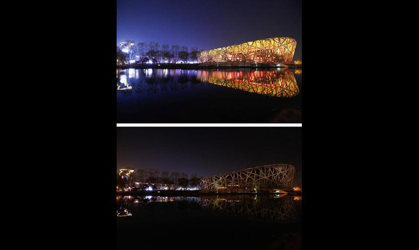 El Nido del Pájaro, en Pekín, antes y durante la hora del planeta. - EFE