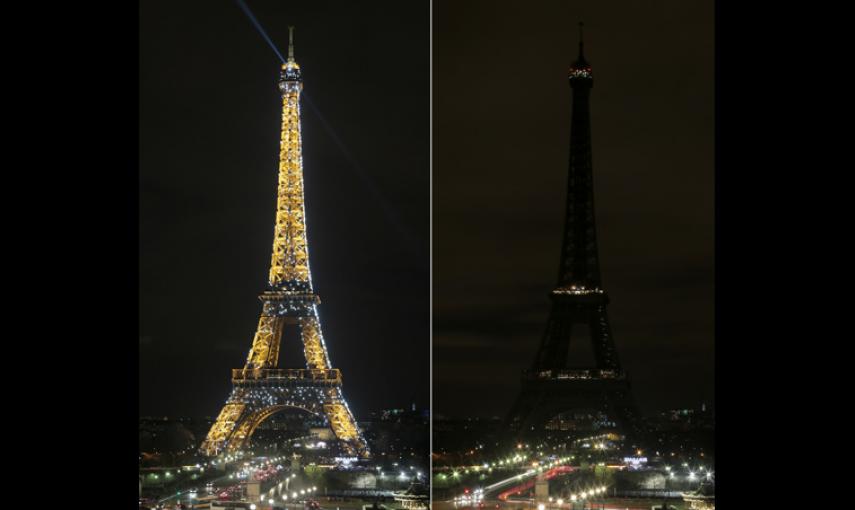 La Torre Eiffel, en París, antes y durante la Hora del Planeta. - AFP