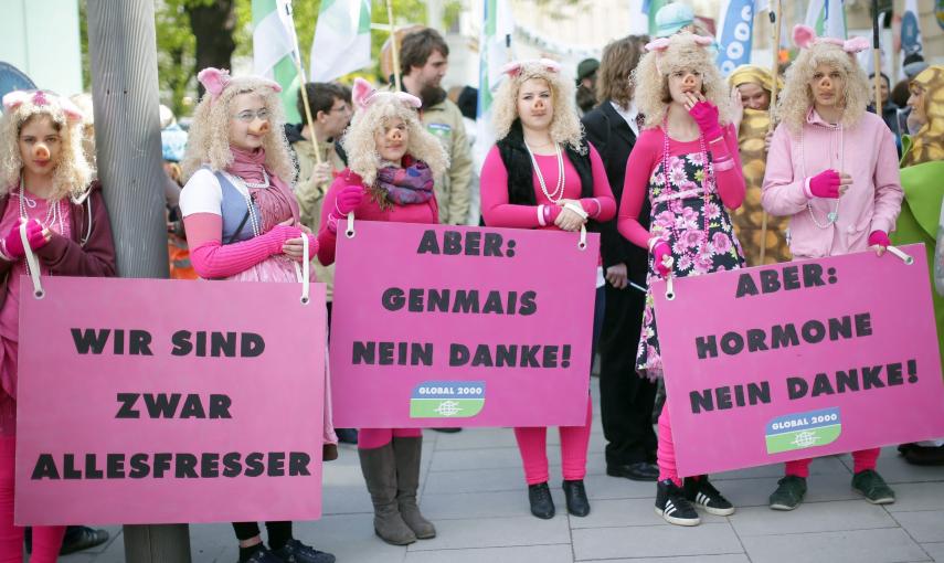 Varias mujeres ataviadas como la cerdita Peggy en la marcha contra el TTIP en Viena. EFE/EPA/GEORG HOCHMUTH