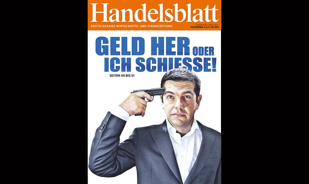 Esta publicación económica alemana, normalmente seria y rigurosa, se publicaba este viernes (dos días antes del referéndum) con esta imagen de Tsipras y el título "El dinero o disparo".