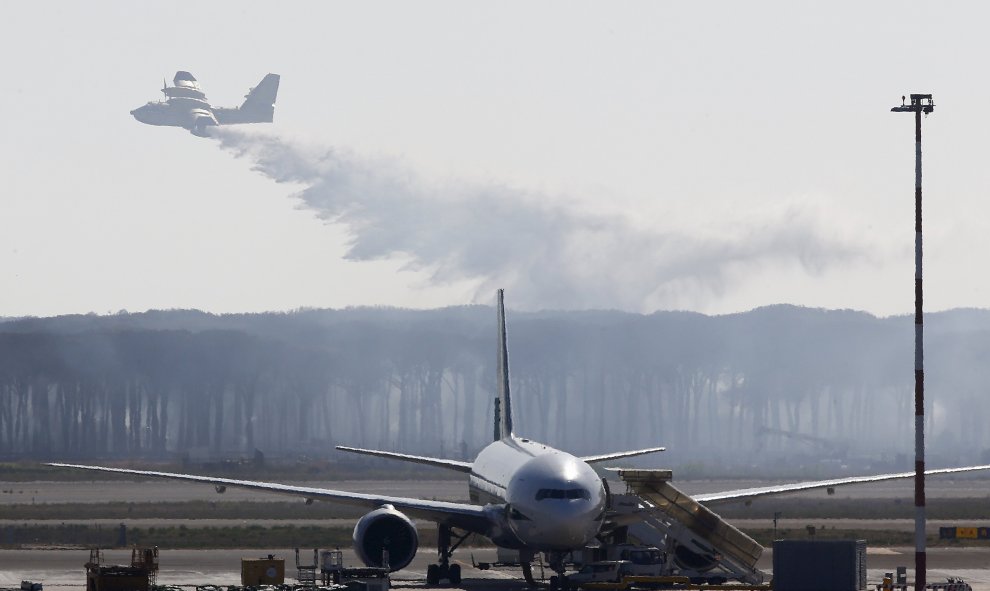 Un avión de Canadair en Italia reparte agua sobre un bosque cerca del Aeropuerto Internacional de Roma - Fiumicino. / REUTERS /Tony Gentil