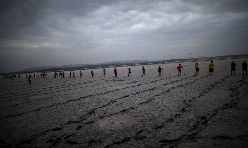 Las más de 450 personas que han participado para poner las anillas a los flamencos, recorriendo los humedales que hay en Málaga. REUTERS