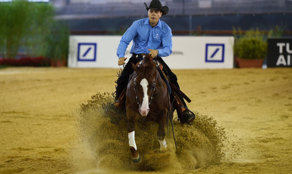 Edoardo Bernadelli de Italia cabalga en su caballo A T Andrewood durante durante el Campeonato Europeo Ecuestre FEI 2015 el 14 de agosto de 2015, de Aquisgrán, Alemania. AFP PHOTO / PATRIK STOLLARZ