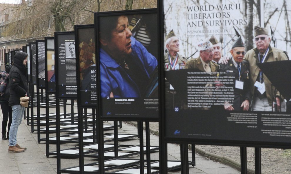 Visitantes observan fotografías de la exposición "Marcha de los vivos" durante las ceremonias por el 71º aniversario de la liberación del campo de concentración de Auschwitz-Birkenau en Oswiecim (Polonia).- EFE