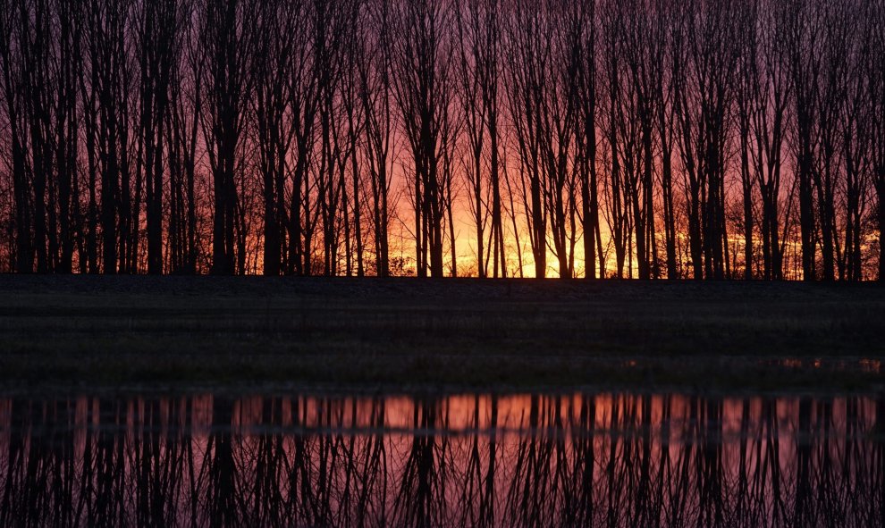 Vista de la puesta de sol en el lago de la localidad de Hosszupalyi, al este de Budapest, Hungría. EFE/Zoltan Balogh