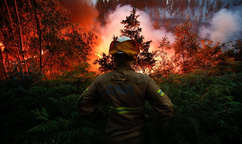 Un bombero miar cómo arde el bosque cerca de Fato. | R. MARCHANTE (REUTERS)
