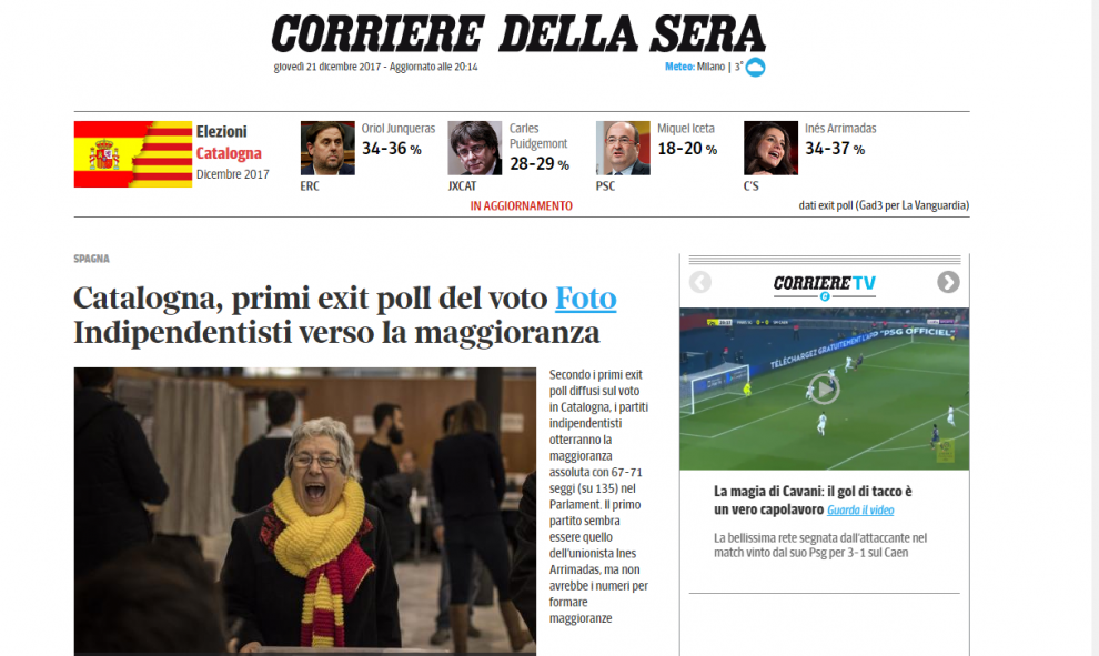 En el italiano Corriere Della Sera deciden dedicarle todo el espacio de su portada digital a la cuestión catalana con el titular 'Catalunya, primera encuesta de salida del voto Independentista hacia la mayoría'