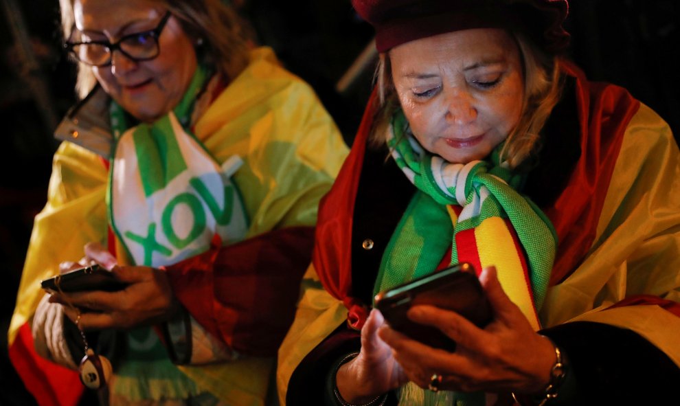 Simpatizantes de Vox usan el móvil durante la noche electoral.  REUTERS/Susana Vera