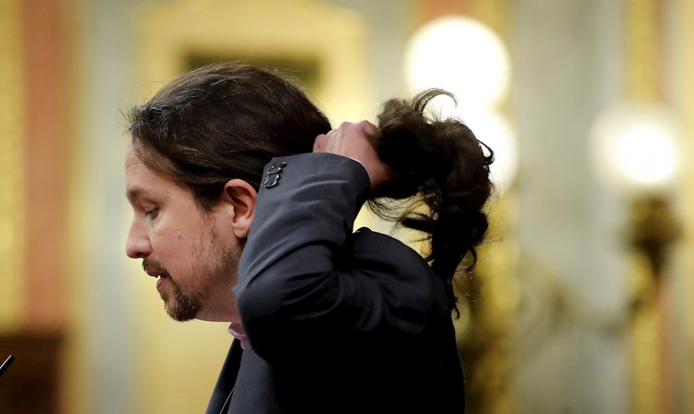 El líder de Unidas Podemos, Pablo Iglesias, durante su intervención ante el pleno del Congreso de los Diputados en la primera jornada de la sesión de investidura de Pedro Sánchez como presidente del Gobierno. EFE/Juan Carlos Hidalgo