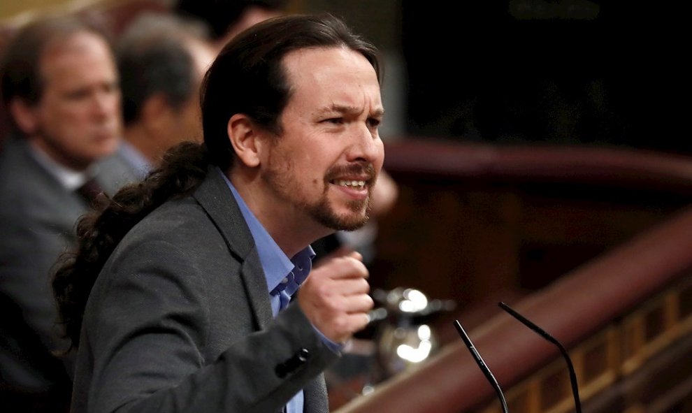 El líder de Unidas Podemos, Pablo iglesias, durante su intervención este martes en el Congreso. EFE/Mariscal