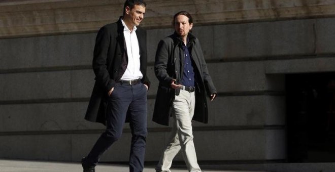 Pablo Iglesias y Pedro Sánchez, en su llegada juntos al Congreso antes de su reunión. EFE/J. J. Guillén