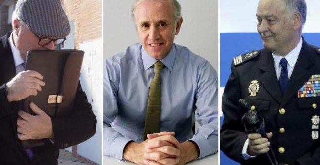 De izquierda a derecha, el excomisario José Manuel Villarejo, el periodista Eduardo Inda, y el ex número dos de la Policía Eugenio Pino. EFE