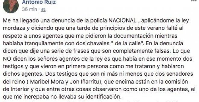 Post en Facebook del periodista Antonio Ruiz explicando lo sucedido