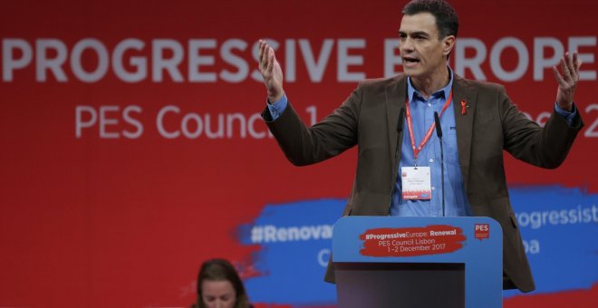 El secretario general del PSOE, Pedro Sánchez, durante la apertura de la asamblea del Grupo de la Alianza Progresista de Socialistas y Demócratas en Lisboa. EFE/ Tiago Petinga