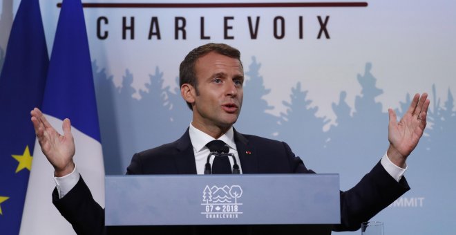 El presidente francés, Emmanuel Macron, realiza una conferencia de prensa al final de la cumbre del G7 en Charlevoix, Canadá. EFE / EPA / IAN LANGSDON