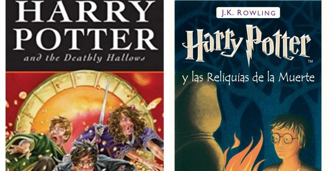 Portada del último libro de la saga Harry Potter en versión británica y en versión española.