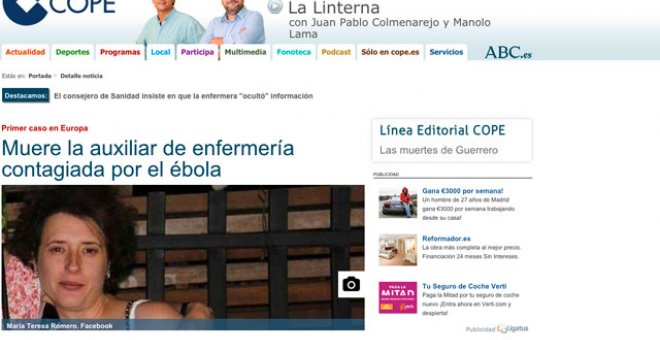 Captura de la noticia publicada en la Cope que dio por muerta a Teresa Romero.