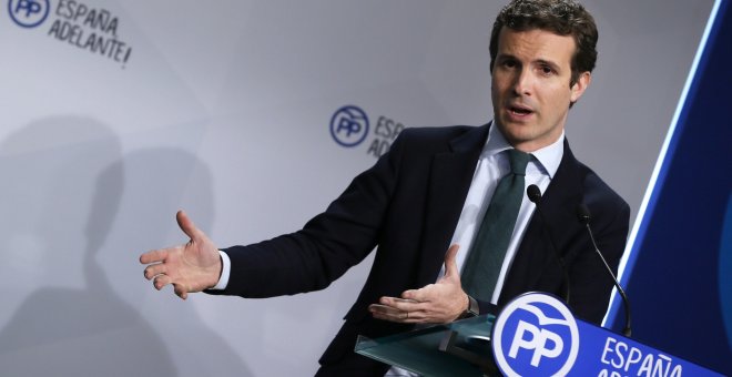 El vicesecretario de Comunicación del Partido Popular, Pablo Casado, durante la rueda de prensa que ofreció en la sede de Génova tras la reunión del Comite de Dirección del Partido Popular. EFE/MARISCAL