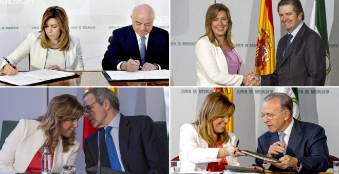 De izquierda a derecha y de arriba a abajo, la presidenta de la Junta de Andalucía con los presidentes de las grandes empresas y bancos con los que firmó acuerdos al princio de su mandato:  BBVA, Francisco González, Endesa, Borja Prado, de Telefónica, Cés