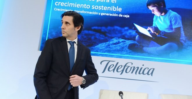 El presidente de Telefónica, José María Álvarez-Pallete, durante la rueda de prensa que ha ofrecido con motivo de la presentación de los resultados anuales de la compañía. EFE/Fernando Villar