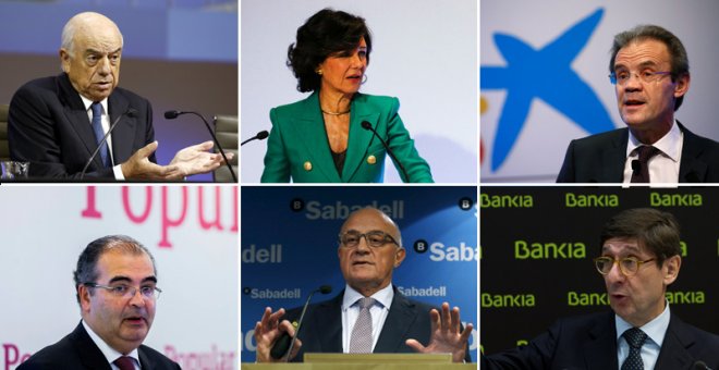 De izquierda a derecha y de arriba a abajo, el presidente del BBVA, Francisco González, la del Santander, Ana Botín, el de Caixabank, Jordi Gual, el ex presidente del Popular, Ángel Ron, el del Sabadell, Josep Oliú, y el de Banki, José Ignacio Goirigolzar