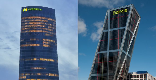 Las sedes de Iberdrola en Bilbao (iz) y de Bankia en Madrid (d).