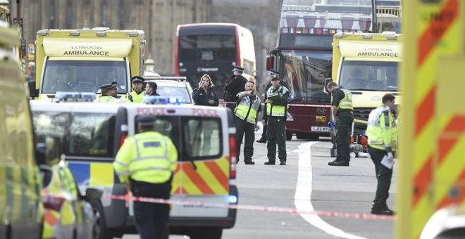 Agentes de policía británicos permanecen en guardia tras un tiroteo ante el Parlamento en Londres. - EFE