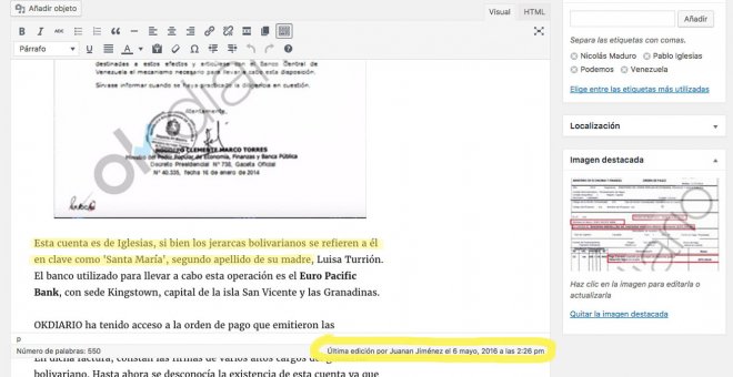 Captura del CMS de OKdiario donde se puede ver una manipulación del texto original ("Esta cuenta es de Iglesias,...") y la persona que hizo el cambio.