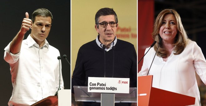 Los precandidatos de las primarias del PSOE: Pedro Sánchez, Patxi López y Susana Díaz. EFE