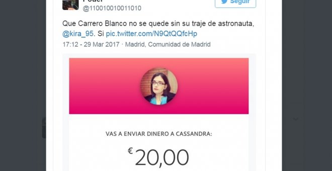 Un tuitero comparte en la red su donación a Cassandra Vera, condenada por la Audiencia Nacional por sus chistes sobre Carrero Blanco