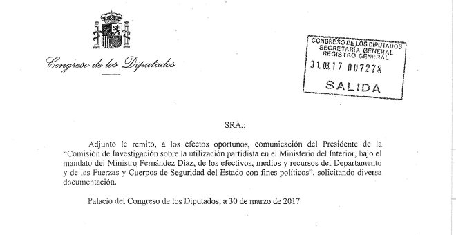 Encabezado del burofax dirigido por la presidenta del Congreso de los Diputados, Ana Pastor, a la directora de 'Público' notificando la solicitud de las grabaciones al ministro del Interior, y de otros archivos, formulada por la comisión de investigación.