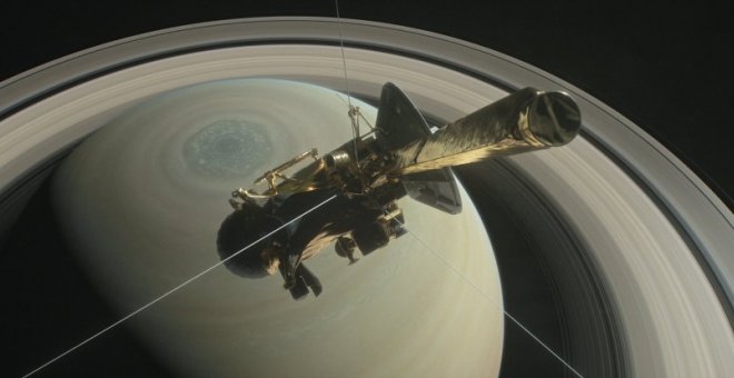Ilustración que muestra la nave Cassini que se dispone a adentrarse en la órbita del planeta Saturno y sus anillos interiores como parte final de su misión espacial. NASA/EFE