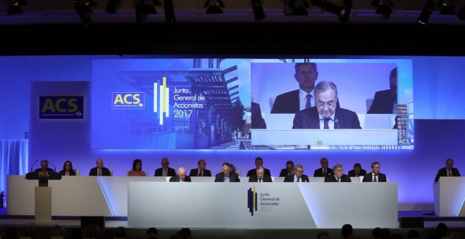 El presidente de ACS, Florentino Pérez, durante su intervención en la Junta de Accionistas de la compañía. EFE/Zipi