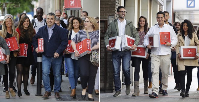 Los militantes en representación del ex secretario general del PSOE Pedro Sánchez (izq.), y el equipo de Susana Díaz, Nino Torres (der.), a su llegada a la sede socialista en la madrileña calle de Ferraz para entregar los avales. EFE