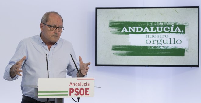 El secretario de Organización del PSOE de Andalucía, Juan Cornejo, durante su comparecencia en Sevilla, un día después de la derrota de la presidenta de la Junta, Susana Díaz, ante Pedro Sánchez en las primarias federales. EFE/Julio Muñoz