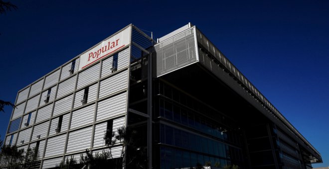 Vista de la fachada de la nueva sede del Banco Popular que se está terminando de construir en el madrileño barrio de San Blas. EFE/Emilio Naranjo