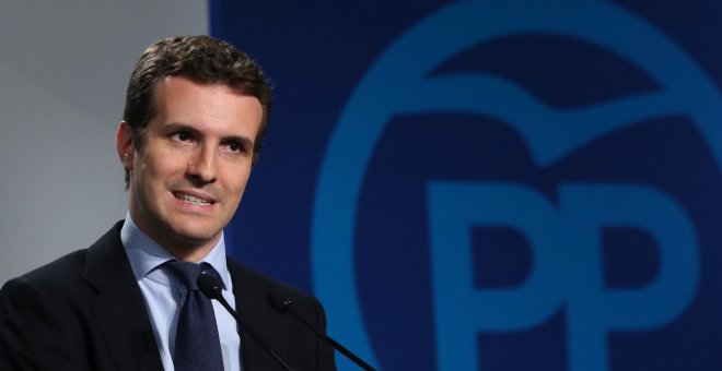 El vicesecretario de Comunicación del Partido Popular, Pablo Casado,durante la rueda de prensa que ofreció en la sede de Génova tras la reunion del Comité de Dirección del PP. EFE/J.J.Guillén