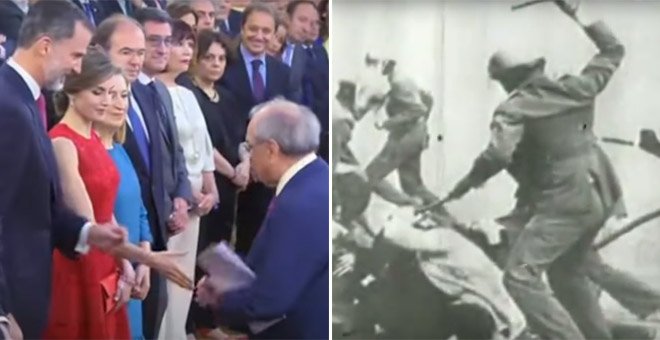 A la izquierda, Martín Villa recoge su insignia este miércoles en el Congreso y a la derecha, un policía golpea a un manifestante en los Sucesos de Vitoria de 1976